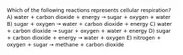 Which of the following reactions represents cellular respiration? A) water + carbon dioxide + energy → sugar + oxygen + water B) sugar + oxygen → water + carbon dioxide + energy C) water + carbon dioxide → sugar + oxygen + water + energy D) sugar + carbon dioxide + energy → water + oxygen E) nitrogen + oxygen + sugar → methane + carbon dioxide