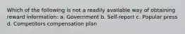 Which of the following is not a readily available way of obtaining reward information: a. Government b. Self-report c. Popular press d. Competitors compensation plan