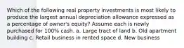 Which of the following real property investments is most likely to produce the largest annual depreciation allowance expressed as a percentage of owner's equity? Assume each is newly purchased for 100% cash. a. Large tract of land b. Old apartment building c. Retail business in rented space d. New business