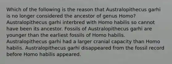 Which of the following is the reason that Australopithecus garhi is no longer considered the ancestor of genus Homo? Australopithecus garhi interbred with <a href='https://www.questionai.com/knowledge/kG3hgw3hYa-homo-habilis' class='anchor-knowledge'>homo habilis</a> so cannot have been its ancestor. Fossils of Australopithecus garhi are younger than the earliest fossils of Homo habilis. Australopithecus garhi had a larger cranial capacity than Homo habilis. Australopithecus garhi disappeared from the fossil record before Homo habilis appeared.