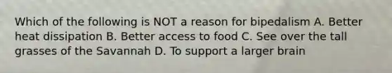 Which of the following is NOT a reason for bipedalism A. Better heat dissipation B. Better access to food C. See over the tall grasses of the Savannah D. To support a larger brain