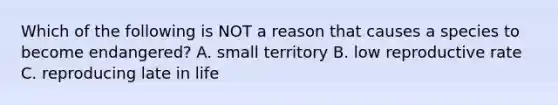 Which of the following is NOT a reason that causes a species to become endangered? A. small territory B. low reproductive rate C. reproducing late in life