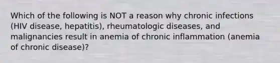 Which of the following is NOT a reason why chronic infections (HIV disease, hepatitis), rheumatologic diseases, and malignancies result in anemia of chronic inflammation (anemia of chronic disease)?