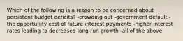 Which of the following is a reason to be concerned about persistent budget deficits? -crowding out -government default -the opportunity cost of future interest payments -higher interest rates leading to decreased long-run growth -all of the above