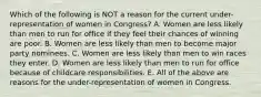 Which of the following is NOT a reason for the current under-representation of women in Congress? A. Women are less likely than men to run for office if they feel their chances of winning are poor. B. Women are less likely than men to become major party nominees. C. Women are less likely than men to win races they enter. D. Women are less likely than men to run for office because of childcare responsibilities. E. All of the above are reasons for the under-representation of women in Congress.