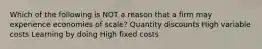 Which of the following is NOT a reason that a firm may experience economies of scale? Quantity discounts High variable costs Learning by doing High fixed costs