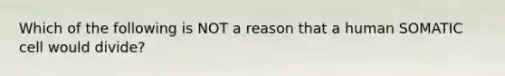 Which of the following is NOT a reason that a human SOMATIC cell would divide?