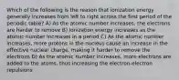 Which of the following is the reason that ionization energy generally increases from left to right across the first period of the periodic table? A) As the atomic number increases, the electrons are harder to remove B) Ionization energy increases as the atomic number increases in a period C) As the atomic number increases, more protons in the nucleus cause an increase in the effective nuclear charge, making it harder to remove the electrons D) As the atomic number increases, more electrons are added to the atoms, thus increasing the electron-electron repulsions