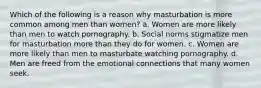 Which of the following is a reason why masturbation is more common among men than women? a. Women are more likely than men to watch pornography. b. Social norms stigmatize men for masturbation more than they do for women. c. Women are more likely than men to masturbate watching pornography. d. Men are freed from the emotional connections that many women seek.