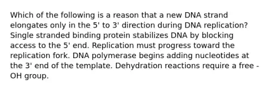 Which of the following is a reason that a new DNA strand elongates only in the 5' to 3' direction during <a href='https://www.questionai.com/knowledge/kofV2VQU2J-dna-replication' class='anchor-knowledge'>dna replication</a>? Single stranded binding protein stabilizes DNA by blocking access to the 5' end. Replication must progress toward the replication fork. DNA polymerase begins adding nucleotides at the 3' end of the template. Dehydration reactions require a free -OH group.