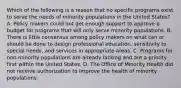 Which of the following is a reason that no specific programs exist to serve the needs of minority populations in the United States? A. Policy makers could not get enough support to approve a budget for programs that will only serve minority populations. B. There is little consensus among policy makers on what can or should be done to design professional education, sensitivity to special needs, and services in appropriate areas. C. Programs for non-minority populations are already lacking and are a priority first within the United States. D. The Office of Minority Health did not receive authorization to improve the health of minority populations.