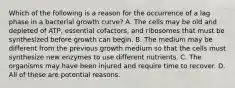 Which of the following is a reason for the occurrence of a lag phase in a bacterial growth curve? A. The cells may be old and depleted of ATP, essential cofactors, and ribosomes that must be synthesized before growth can begin. B. The medium may be different from the previous growth medium so that the cells must synthesize new enzymes to use different nutrients. C. The organisms may have been injured and require time to recover. D. All of these are potential reasons.