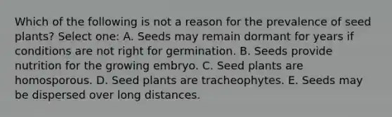 Which of the following is not a reason for the prevalence of seed plants? Select one: A. Seeds may remain dormant for years if conditions are not right for germination. B. Seeds provide nutrition for the growing embryo. C. Seed plants are homosporous. D. Seed plants are tracheophytes. E. Seeds may be dispersed over long distances.