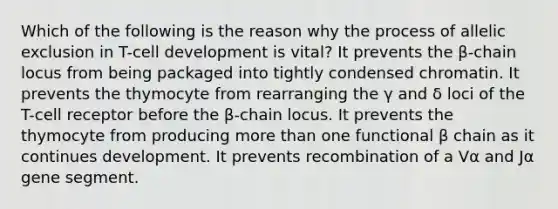 Which of the following is the reason why the process of allelic exclusion in T-cell development is vital? It prevents the β-chain locus from being packaged into tightly condensed chromatin. It prevents the thymocyte from rearranging the γ and δ loci of the T-cell receptor before the β-chain locus. It prevents the thymocyte from producing <a href='https://www.questionai.com/knowledge/keWHlEPx42-more-than' class='anchor-knowledge'>more than</a> one functional β chain as it continues development. It prevents recombination of a Vα and Jα gene segment.