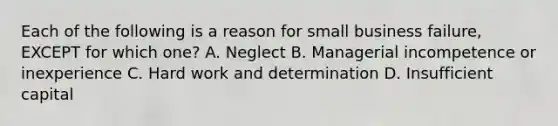 Each of the following is a reason for small business​ failure, EXCEPT for which​ one? A. Neglect B. Managerial incompetence or inexperience C. Hard work and determination D. Insufficient capital