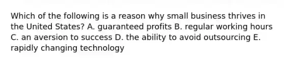 Which of the following is a reason why small business thrives in the United States? A. guaranteed profits B. regular working hours C. an aversion to success D. the ability to avoid outsourcing E. rapidly changing technology