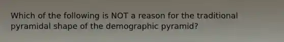 Which of the following is NOT a reason for the traditional pyramidal shape of the demographic pyramid?