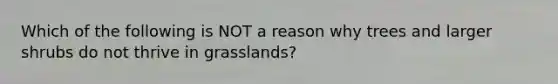 Which of the following is NOT a reason why trees and larger shrubs do not thrive in grasslands?