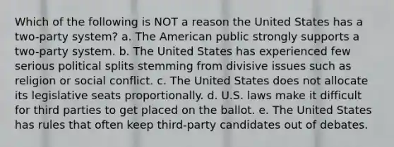 Which of the following is NOT a reason the United States has a two-party system? a. The American public strongly supports a two-party system. b. The United States has experienced few serious political splits stemming from divisive issues such as religion or social conflict. c. The United States does not allocate its legislative seats proportionally. d. U.S. laws make it difficult for third parties to get placed on the ballot. e. The United States has rules that often keep third-party candidates out of debates.