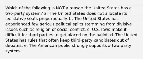 Which of the following is NOT a reason the United States has a two-party system? a. The United States does not allocate its legislative seats proportionally. b. The United States has experienced few serious political splits stemming from divisive issues such as religion or social conflict. c. U.S. laws make it difficult for third parties to get placed on the ballot. d. The United States has rules that often keep third-party candidates out of debates. e. The American public strongly supports a two-party system.