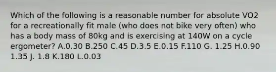 Which of the following is a reasonable number for absolute VO2 for a recreationally fit male (who does not bike very often) who has a body mass of 80kg and is exercising at 140W on a cycle ergometer? A.0.30 B.250 C.45 D.3.5 E.0.15 F.110 G. 1.25 H.0.90 1.35 J. 1.8 K.180 L.0.03