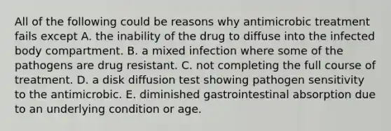 All of the following could be reasons why antimicrobic treatment fails except A. the inability of the drug to diffuse into the infected body compartment. B. a mixed infection where some of the pathogens are drug resistant. C. not completing the full course of treatment. D. a disk diffusion test showing pathogen sensitivity to the antimicrobic. E. diminished gastrointestinal absorption due to an underlying condition or age.