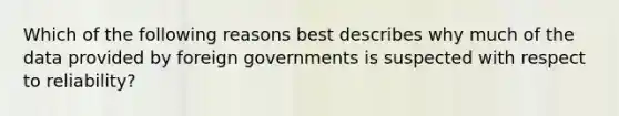 Which of the following reasons best describes why much of the data provided by foreign governments is suspected with respect to reliability?