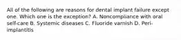 All of the following are reasons for dental implant failure except one. Which one is the exception? A. Noncompliance with oral self-care B. Systemic diseases C. Fluoride varnish D. Peri-implantitis