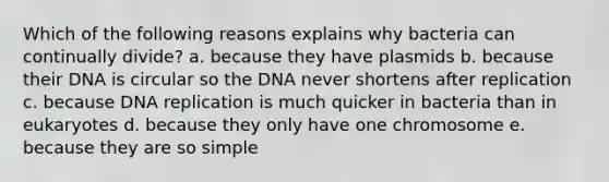 Which of the following reasons explains why bacteria can continually divide? a. because they have plasmids b. because their DNA is circular so the DNA never shortens after replication c. because DNA replication is much quicker in bacteria than in eukaryotes d. because they only have one chromosome e. because they are so simple