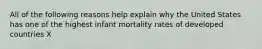 All of the following reasons help explain why the United States has one of the highest infant mortality rates of developed countries X