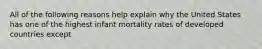 All of the following reasons help explain why the United States has one of the highest infant mortality rates of developed countries except