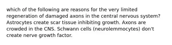 which of the following are reasons for the very limited regeneration of damaged axons in the central nervous system? Astrocytes create scar tissue inhibiting growth. Axons are crowded in the CNS. Schwann cells (neurolemmocytes) don't create nerve growth factor.