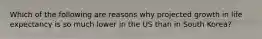 Which of the following are reasons why projected growth in life expectancy is so much lower in the US than in South Korea?