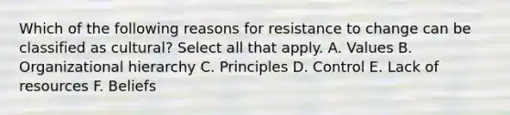 Which of the following reasons for resistance to change can be classified as cultural? Select all that apply. A. Values B. Organizational hierarchy C. Principles D. Control E. Lack of resources F. Beliefs