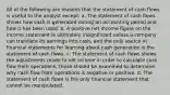 All of the following are reasons that the statement of cash flows is useful to the analyst except: a. The statement of cash flows shows how cash is generated during an accounting period and how it has been used. b. A positive net income figure on the income statement is ultimately insignificant unless a company can translate its earnings into cash, and the only source in financial statements for learning about cash generation is the statement of cash flows. c. The statement of cash flows shows the adjustments made to net income in order to calculate cash flow from operations; those should be examined to determine why cash flow from operations is negative or positive. d. The statement of cash flows is the only financial statement that cannot be manipulated.