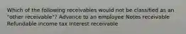 Which of the following receivables would not be classified as an "other receivable"? Advance to an employee Notes receivable Refundable income tax Interest receivable