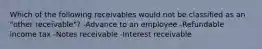 Which of the following receivables would not be classified as an "other receivable"? -Advance to an employee -Refundable income tax -Notes receivable -Interest receivable