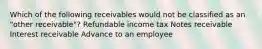 Which of the following receivables would not be classified as an "other receivable"? Refundable income tax Notes receivable Interest receivable Advance to an employee