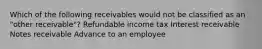 Which of the following receivables would not be classified as an "other receivable"? Refundable income tax Interest receivable Notes receivable Advance to an employee