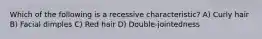 Which of the following is a recessive characteristic? A) Curly hair B) Facial dimples C) Red hair D) Double-jointedness