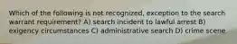 Which of the following is not recognized, exception to the search warrant requirement? A) search incident to lawful arrest B) exigency circumstances C) administrative search D) crime scene