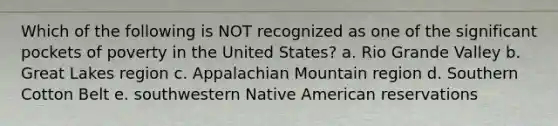 Which of the following is NOT recognized as one of the significant pockets of poverty in the United States? a. Rio Grande Valley b. Great Lakes region c. Appalachian Mountain region d. Southern Cotton Belt e. southwestern Native American reservations