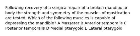 Following recovery of a surgical repair of a broken mandibular body the strength and symmetry of the muscles of mastication are tested. Which of the following muscles is capable of depressing the mandible? A Masseter B Anterior temporalis C Posterior temporalis D Medial pterygoid E Lateral pterygoid