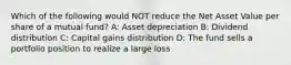 Which of the following would NOT reduce the Net Asset Value per share of a mutual fund? A: Asset depreciation B: Dividend distribution C: Capital gains distribution D: The fund sells a portfolio position to realize a large loss