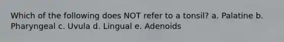 Which of the following does NOT refer to a tonsil? a. Palatine b. Pharyngeal c. Uvula d. Lingual e. Adenoids