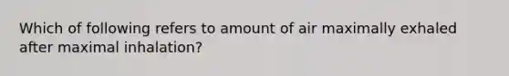 Which of following refers to amount of air maximally exhaled after maximal inhalation?