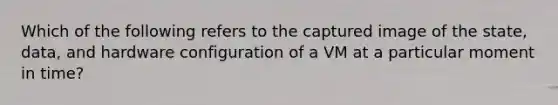 Which of the following refers to the captured image of the state, data, and hardware configuration of a VM at a particular moment in time?