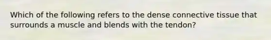 Which of the following refers to the dense connective tissue that surrounds a muscle and blends with the tendon?