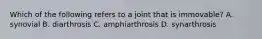 Which of the following refers to a joint that is immovable? A. synovial B. diarthrosis C. amphiarthrosis D. synarthrosis