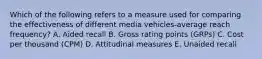 Which of the following refers to a measure used for comparing the effectiveness of different media vehicles-average reach​ frequency? A. Aided recall B. Gross rating points​ (GRPs) C. Cost per thousand​ (CPM) D. Attitudinal measures E. Unaided recall